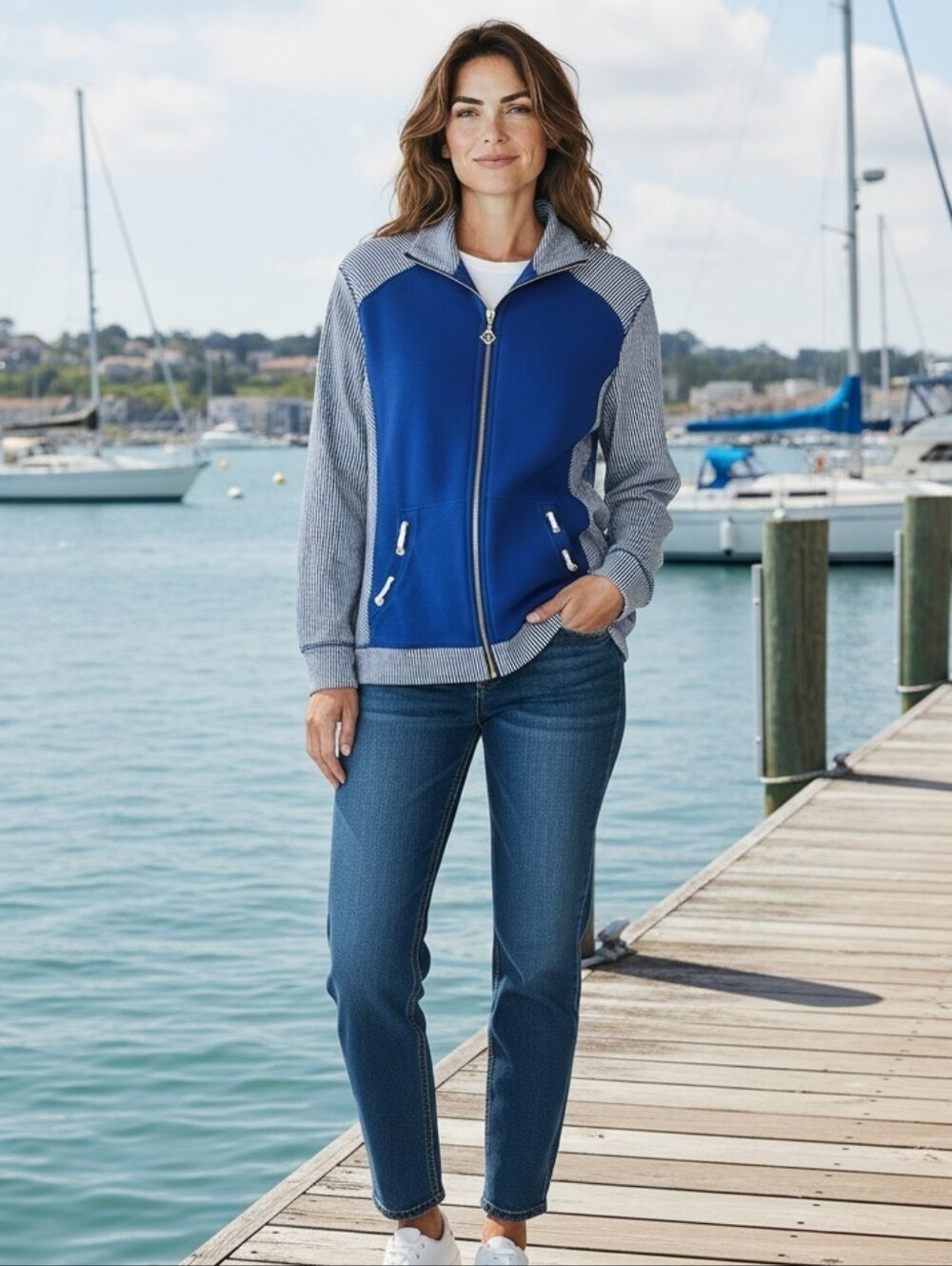 Vintage Blue and White Women's Nautical Theme Jacket - Size Medium